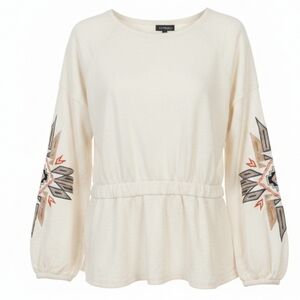 [[Wrangler Retro]] Elegant Cream Long Sleeve Top with Embroidered Sleeves